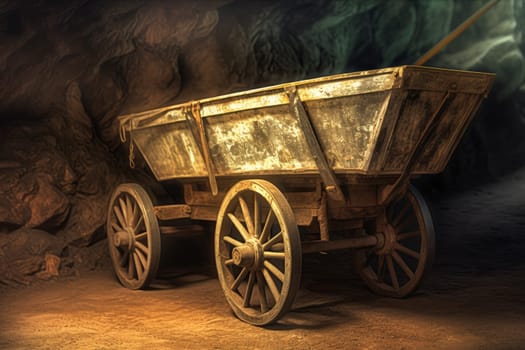 Mining cart gold. Rock tunnel. Generate Ai