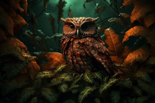 Owl leaves forest autumn. Raptor wild. Generate Ai