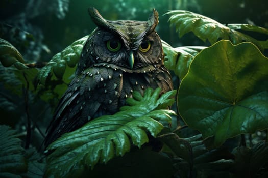 Owl leaves forest. Bird predator. Generate Ai