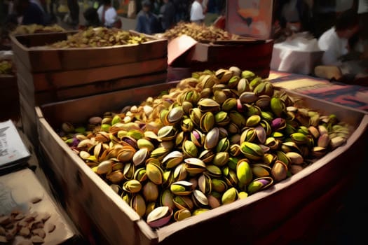 Pistachio nuts market basket. Green nutrition. Generate Ai