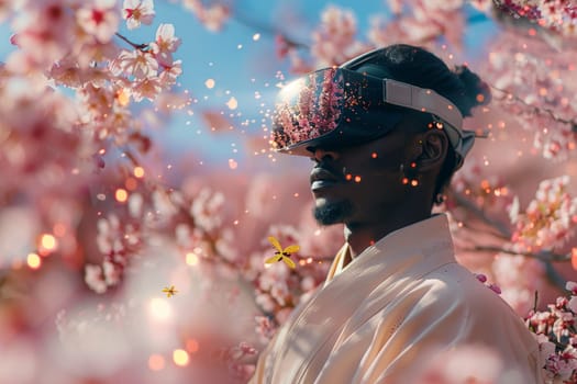 Woman wearing Virtual Reality goggles. futuristic technology concept. Generative AI.