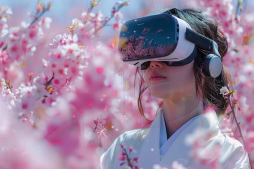 Woman wearing Virtual Reality goggles. futuristic technology concept. Generative AI.