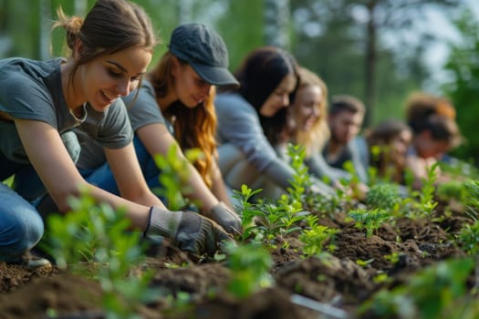 Volunteers Planting Young Trees in Garden. Generative AI.