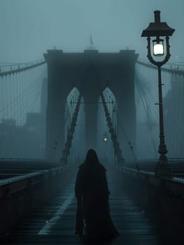 A person is walking through the fog on a bridge under dim street lights, with the sky covered in mist and an atmospheric phenomenon creating an eerie atmosphere