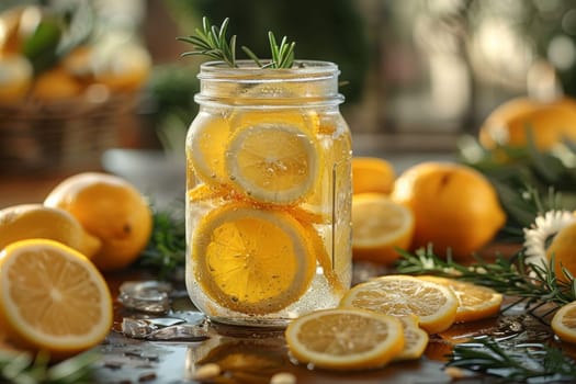 A mason jar filled with sparkling homemade lemonade, garnished with fresh lemon slices and rosemary, amidst whole and sliced lemons. Generative AI.