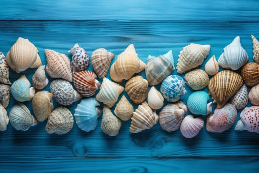 Sea coral shells blue wooden. Nature rock. Generate Ai