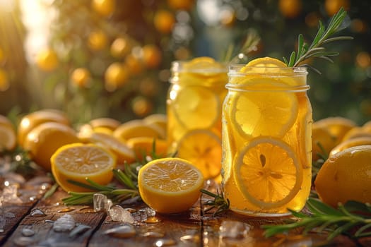 A mason jar filled with sparkling homemade lemonade, garnished with fresh lemon slices and rosemary, amidst whole and sliced lemons. Generative AI.