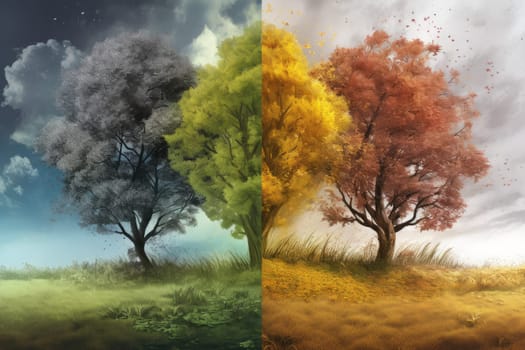 Season tree concept art. Time weather. Generate Ai
