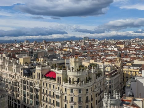 Panoramic aerial view of Gran Via, main shopping street in Madrid, capital of Spain, Europe, High quality photo