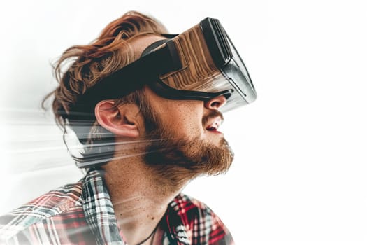 A man wearing a virtual reality headset. The man is wearing a red shirt and a plaid shirt