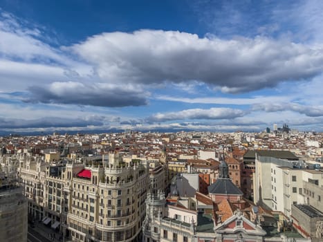 Panoramic aerial view of Gran Via, main shopping street in Madrid, capital of Spain, Europe, High quality photo