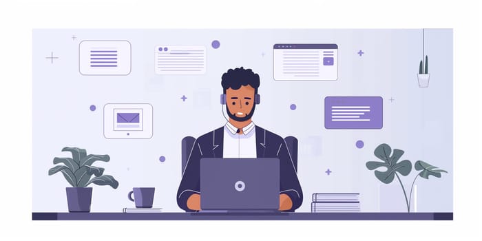 Software developer . Computer programmer flat character on cartoon background. Learning coding. Colourful editable scene for mobile, website, presentation. High quality photo