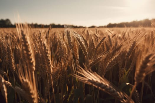 Wheat field closeup sunset. Folden crop. Generate Ai