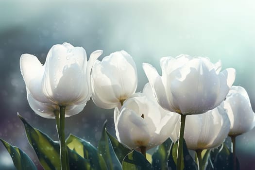 White tulips. Vase table floral. Generate Ai