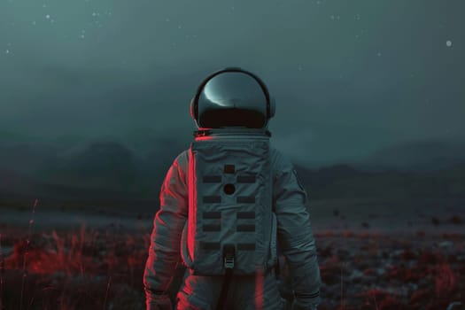 A man in a spacesuit stands in a field with mountains in the background. The image has a moody and mysterious feel to it, as if the man is lost or stranded in an alien landscape