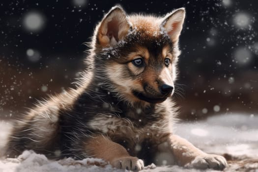 Wolf baby snow. Canine pet. Generate Ai
