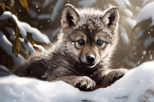 Wolf baby snow play. Doggy natural. Generate Ai
