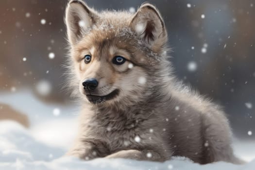 Wolf baby winter snow. Sweet puppy. Generate Ai