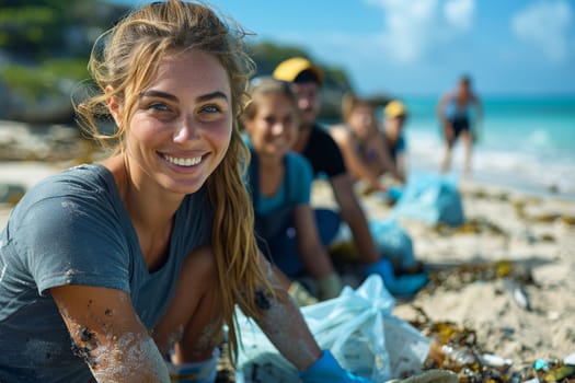 Close up A volunteer collects garbage on beach. Generative AI.