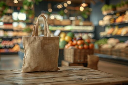 Mockup cloth bag on wooden table at supermarket. Generative AI.