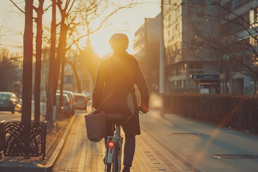 A man rides a bicycle down a city street with the sun shining on him. The scene is peaceful and serene, with the man enjoying the warmth of the sun on his face