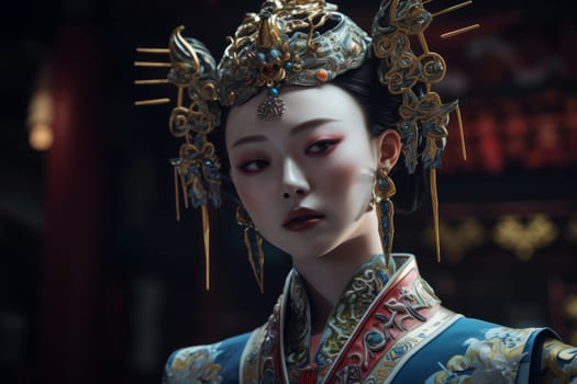 Woman geisha makeup. Tradition costume. Fictional person. Generate Ai
