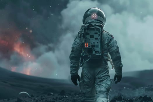 A man in a spacesuit is walking on a rocky surface. The image has a moody and mysterious feel to it, as the man is alone and surrounded by an unknown environment