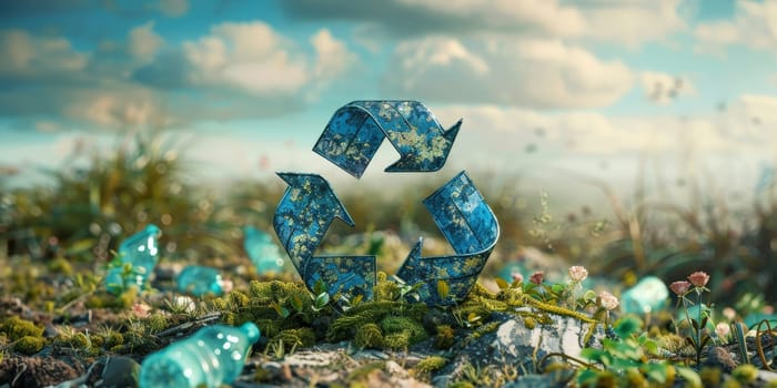 A blue recycling symbol is surrounded by plastic bottles and other trash. Concept of the importance of recycling and reducing waste to protect the environment