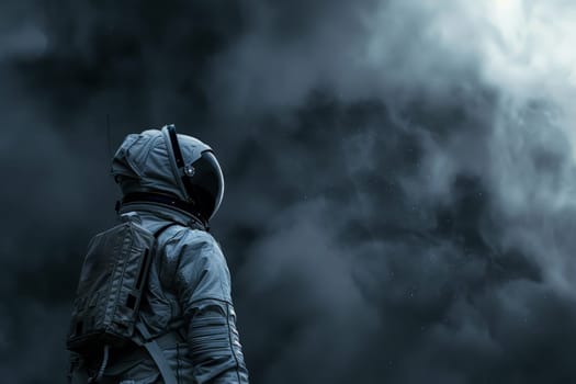 A man in a space suit is standing in front of a dark sky with clouds. The image has a mood of loneliness and isolation, as the man is alone in the vastness of space