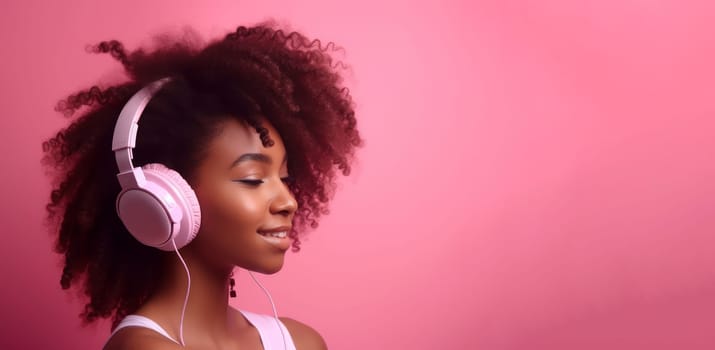 Woman pink headphones banner. Relax audio. Fictional person. Generate Ai