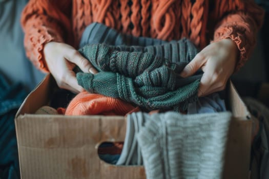A person is holding a box of clothes, including a green sweater. The box is full of various types of clothing, and the person seems to be sorting through them. Concept of organization and tidiness