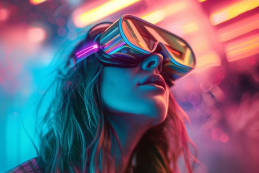 A woman wearing a pair of virtual reality goggles. The goggles are neon colored and the woman is looking at the camera. The image has a futuristic and technological vibe