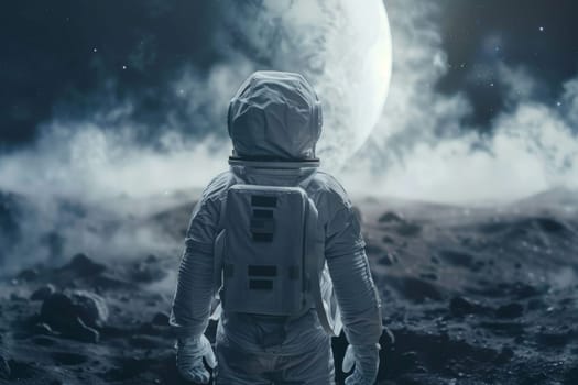 A man in a white spacesuit stands on a rocky surface looking up at a large planet. The scene is set in a desolate, barren landscape with a sense of isolation and wonder