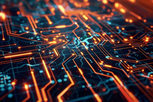 A close up of a circuit board with orange and blue lines. Concept of complexity and sophistication, as well as the intricate nature of electronic devices