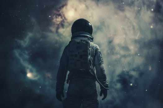 A man in a space suit stands in front of a cloudy sky. Concept of adventure and exploration, as the astronaut is ready to embark on a journey into the unknown. The cloudy sky adds a sense of mystery