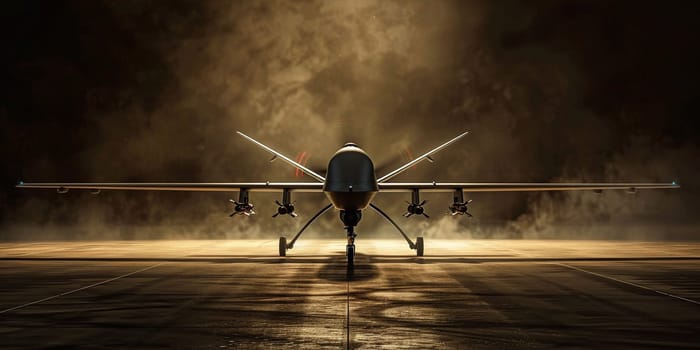 Military combat drone UAV in hangar 3d render.