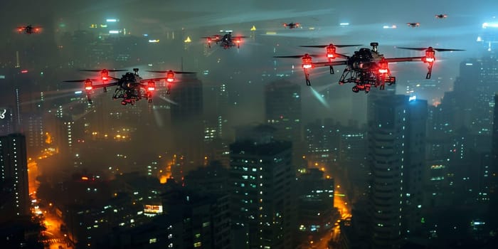 Drones battle over the city at night time. High quality photo