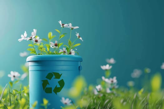 A blue container with a white flower on it and the word recycle on it. The container is surrounded by green grass and flowers