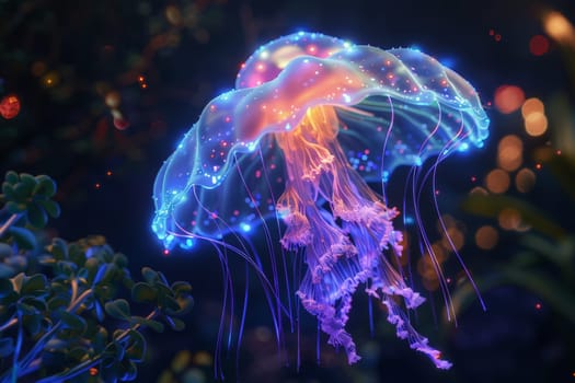 A jellyfish with blue and purple tentacles is floating in the water. The colors are bright and vibrant, creating a sense of wonder and awe. The jellyfish appears to be glowing