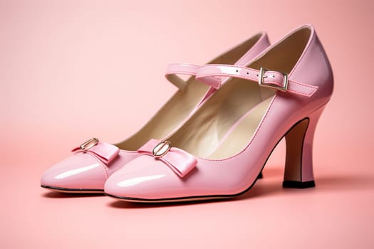 Elegant vintage pink low heels with a bow on the front. Women's shoes, side view.