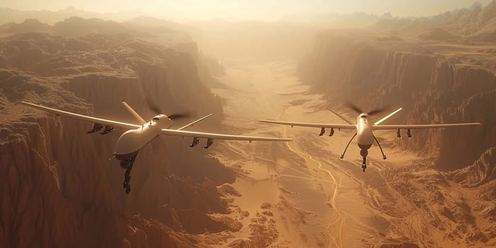 A 3d rendering of a military UAV flying over a desert.