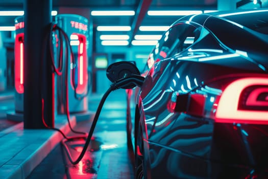 A black Tesla car is plugged into a charging station. The car is parked in a parking lot with other cars and a charging station. The scene is illuminated by neon lights, creating a futuristic