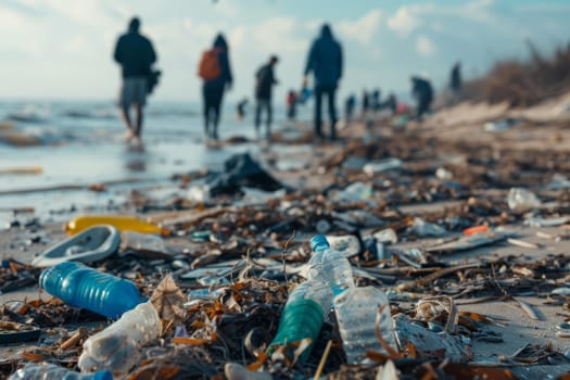 A beach is littered with plastic bottles and trash. The scene is a reminder of the importance of proper waste disposal and the impact of pollution on the environment