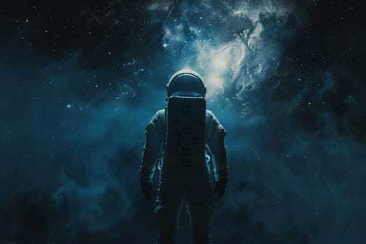 A man in a spacesuit stands in front of a blue sky with stars. Concept of adventure and exploration, as the astronaut is ready to embark on a journey into the unknown
