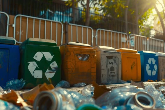 A row of recycling bins with a green one in the middle. The bins are lined up next to a fence
