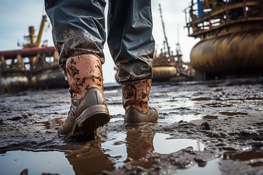 Close-up of dirty men's boots in production.