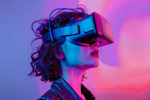 A woman wearing a virtual reality headset. Concept of excitement and adventure, as the woman is about to embark on a new experience