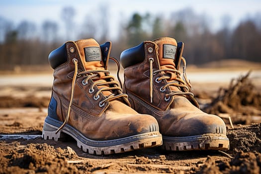 Old dirty shoes stand on the ground.