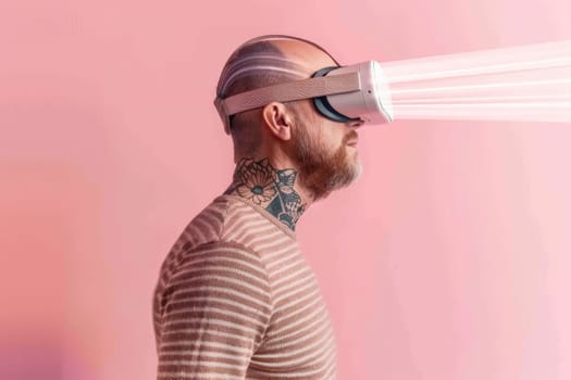 A man with a tattoo on his neck and a white headset on his head. He is looking at a screen with a white light