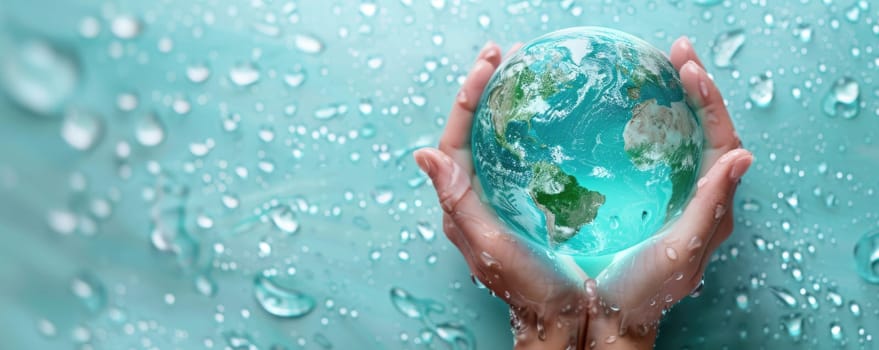 world water day concept. Hands holding clean water drop in shape of planet Earth. ai generated